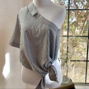 One Shoulder Collar Short Tie Knot Striped Top